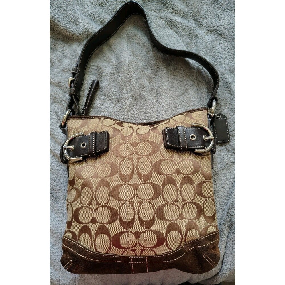 Coach Brown Signature Logo Shoulder Bag with Leather Trim, Buckle, Zip, Dust Bag
